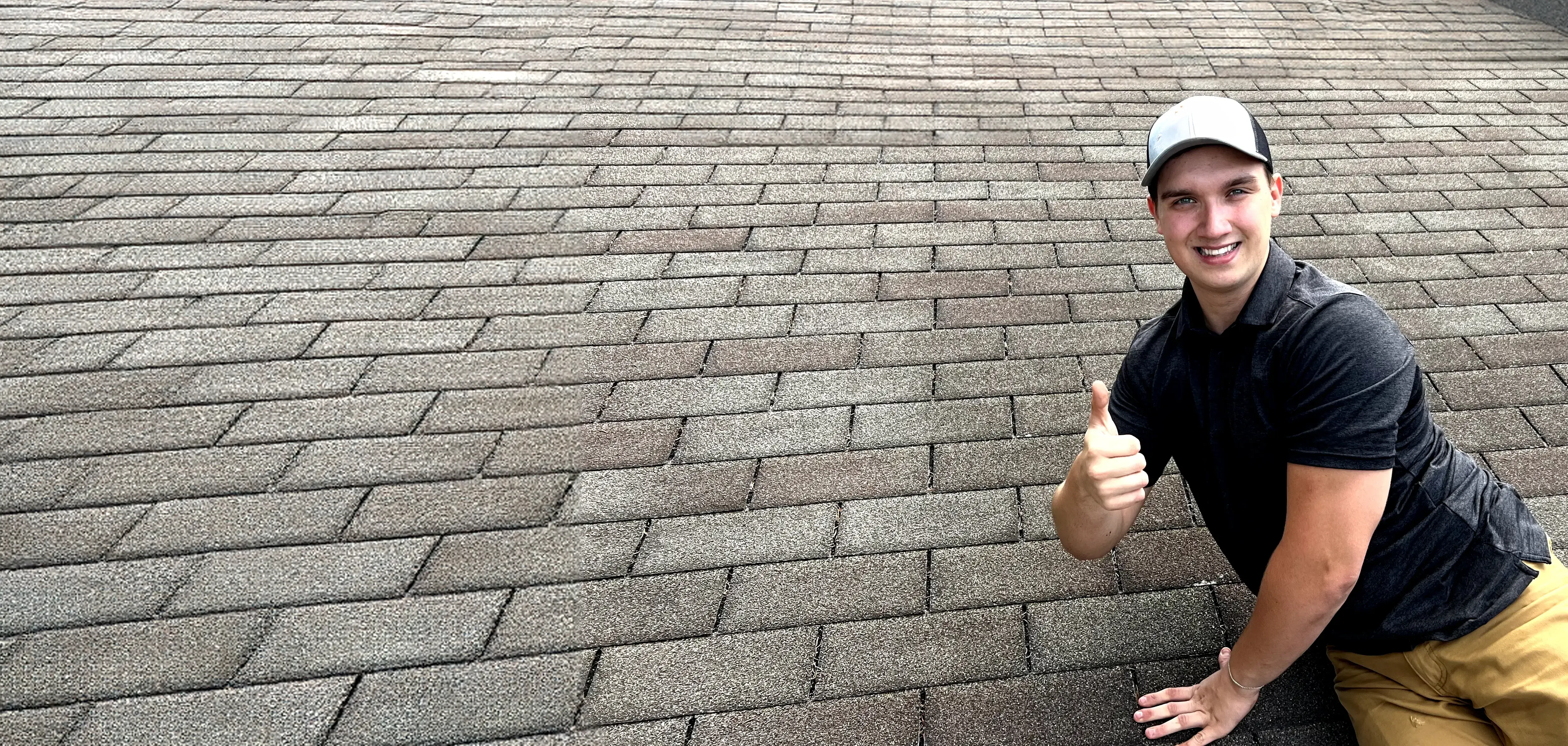 A smiling roofing professional gives a thumbs-up while inspecting a well-maintained asphalt shingle roof. The clean, uniform shingles indicate high-quality repair work. Perfect for showcasing reliable and expert roof repair services, emphasizing quality and customer satisfaction